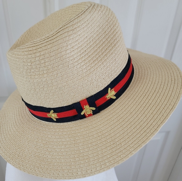 Vince Camuto Accessories - Vince Camuto Woven Adjustable Straw Fedora Hat With Bee Accents